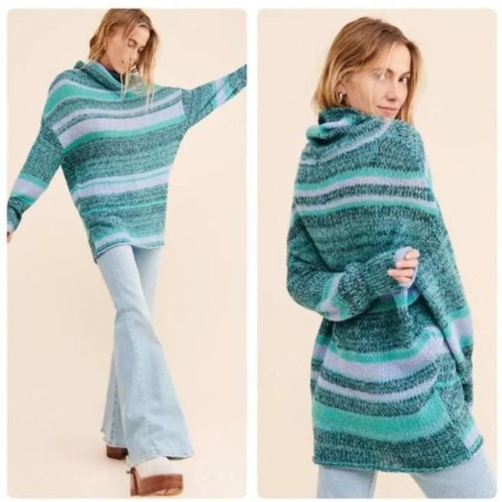 NWT Free People Alpaca Candy Stripe Tunic Sweater in Waterfalls Combo